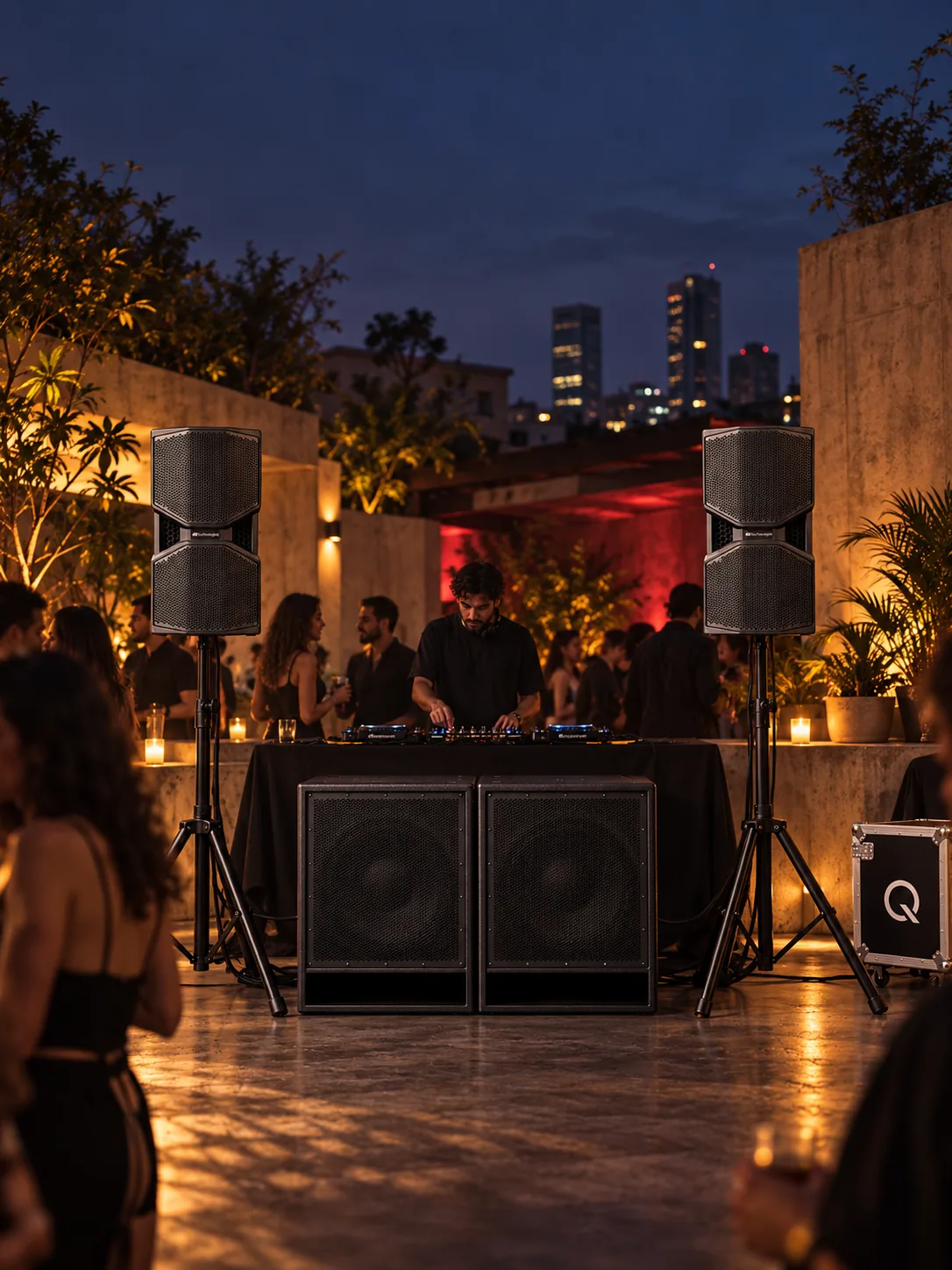 Line array profesional montado en un venue