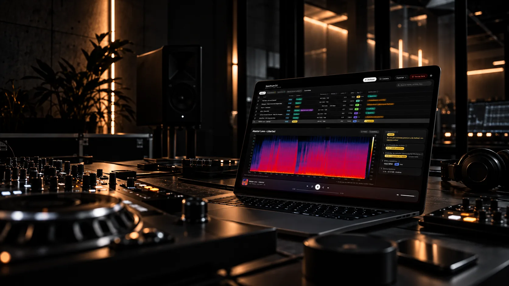 Laptop con interfaz de software de audio en un estudio oscuro